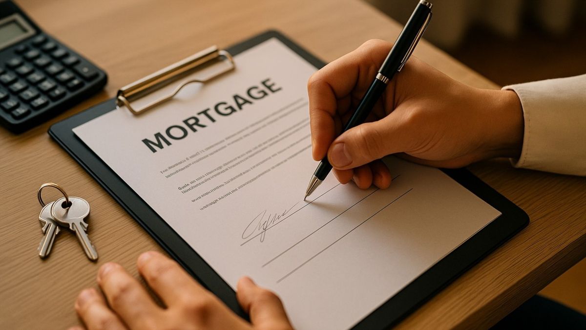 Realtor and homebuyer signing mortgage paperwork at closing